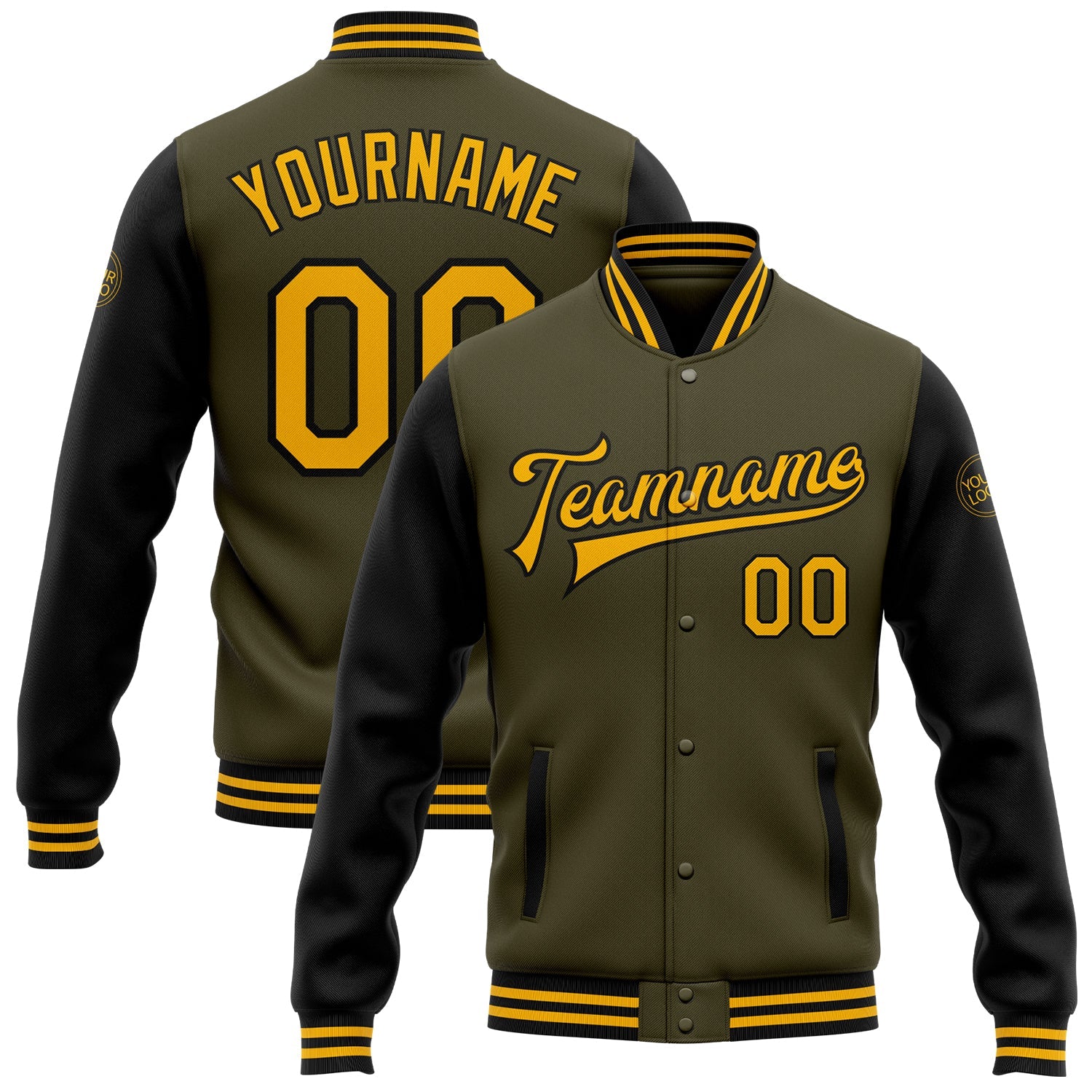 Custom Olive Gold-Black Bomber Full-Snap Varsity Letterman Two Tone Salute To Service Jacket - Main View