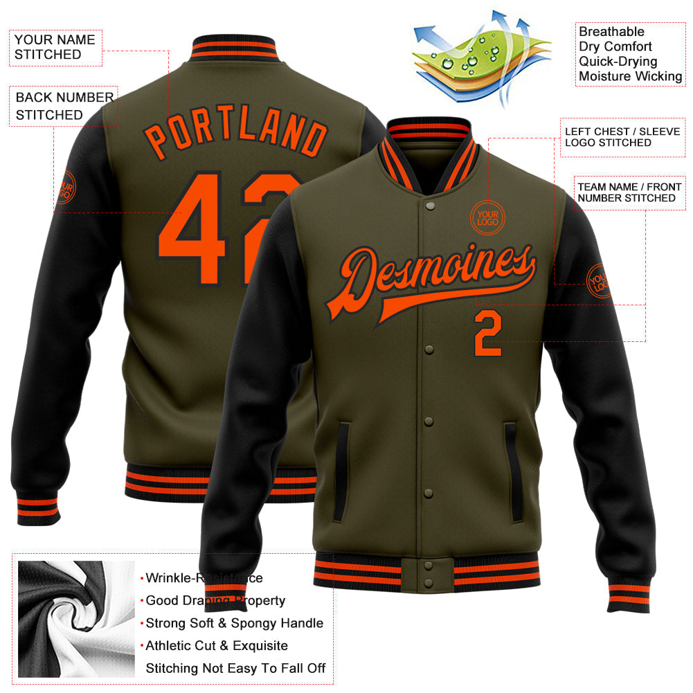 Custom Olive Orange-Black Bomber Full-Snap Varsity Letterman Two Tone Salute To Service Jacket view 5
