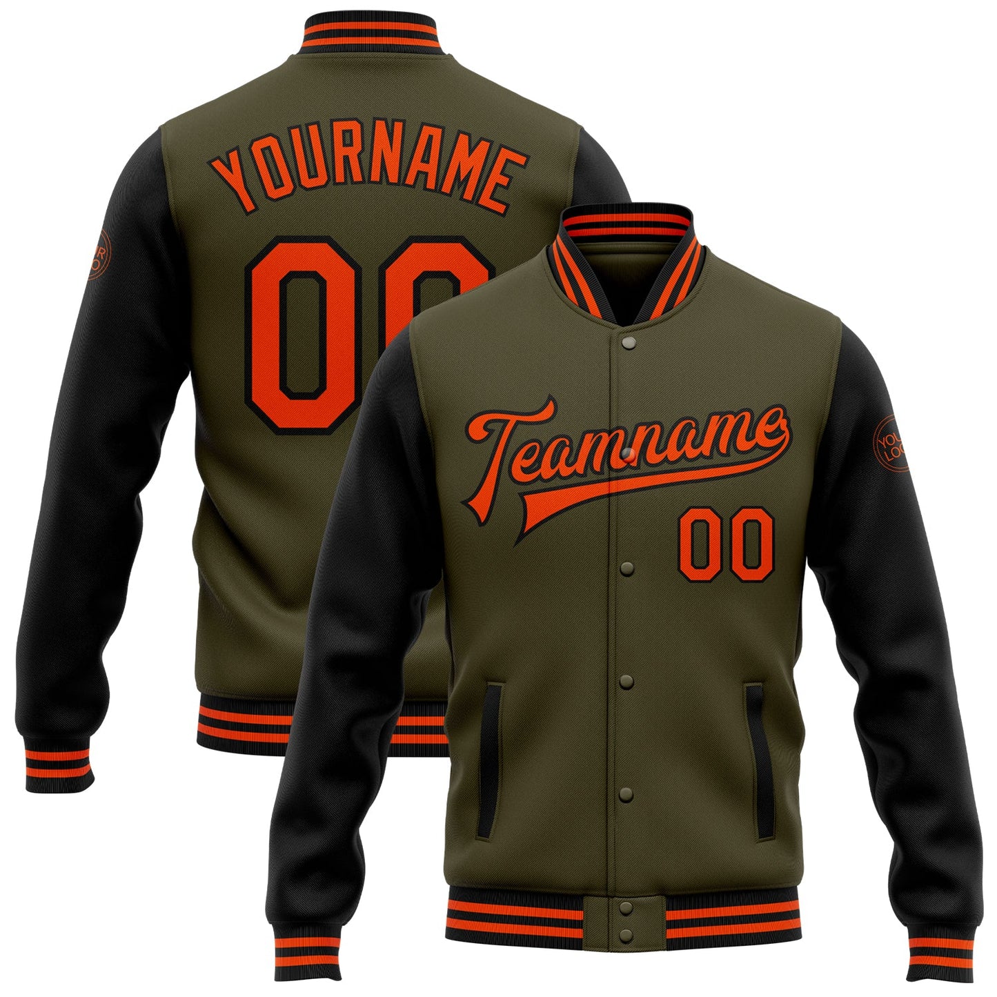 Custom Olive Orange-Black Bomber Full-Snap Varsity Letterman Two Tone Salute To Service Jacket - Main View