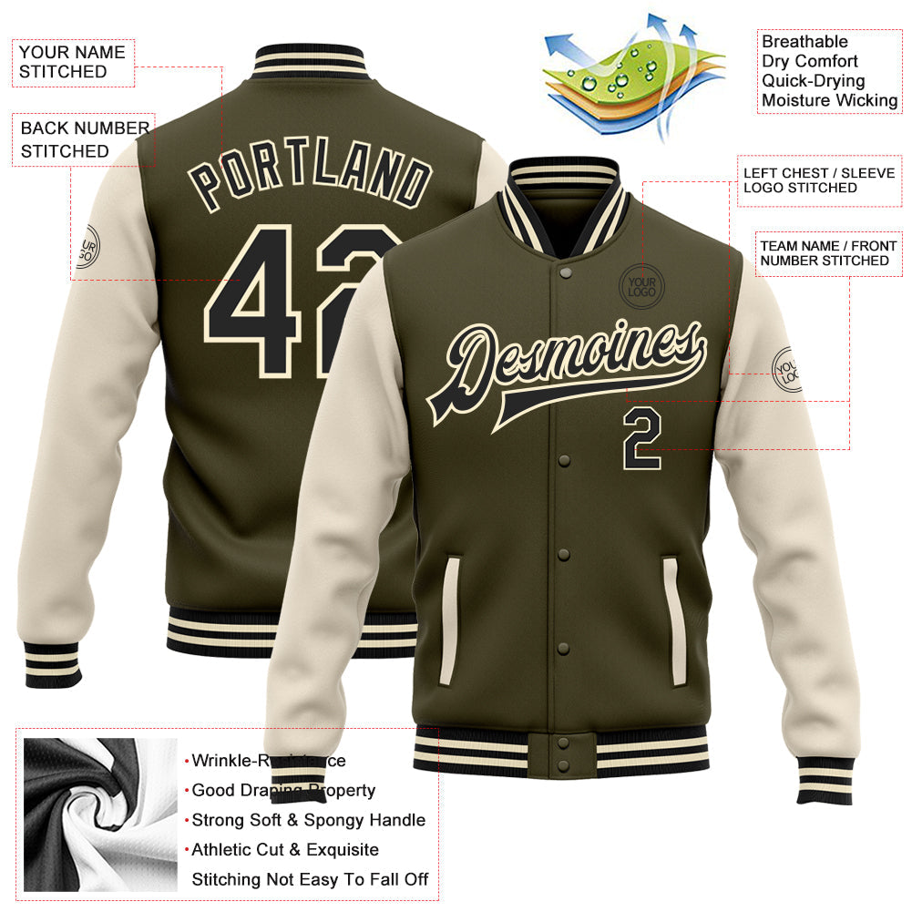 Custom Olive Black-Cream Bomber Full-Snap Varsity Letterman Two Tone Salute To Service Jacket view 5