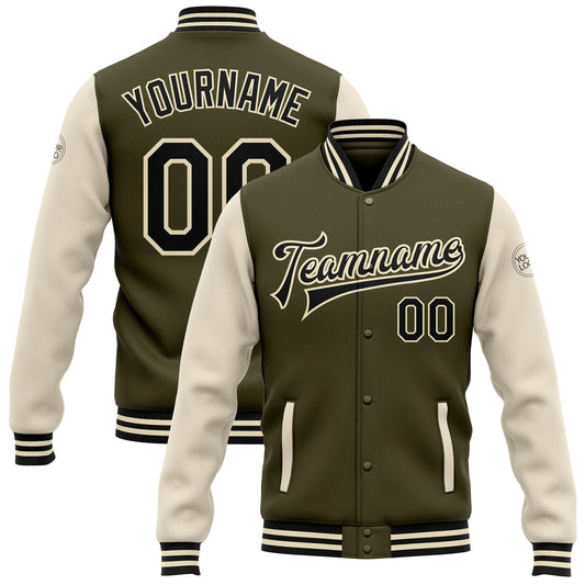 Custom Olive Black-Cream Bomber Full-Snap Varsity Letterman Two Tone Salute To Service Jacket - Main View