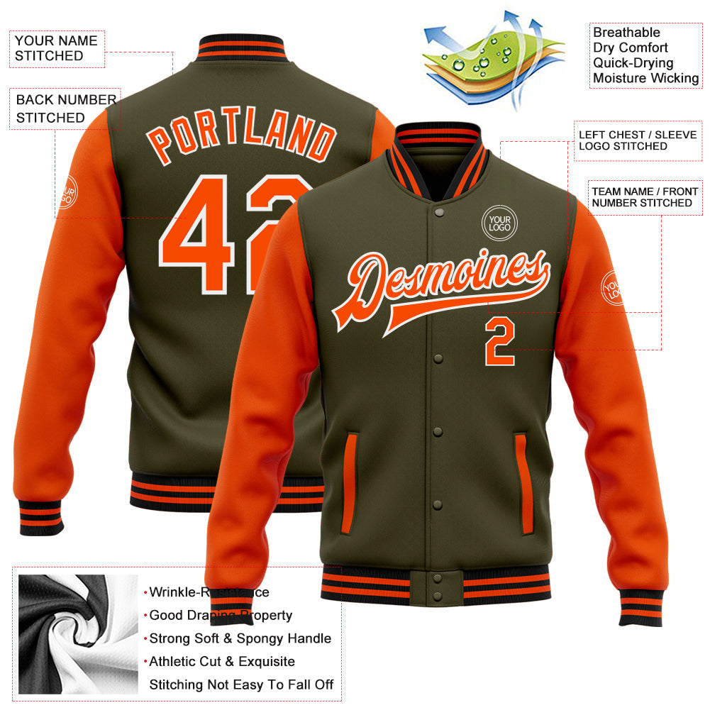 Custom Olive Orange-Black Bomber Full-Snap Varsity Letterman Two Tone Salute To Service Jacket view 5