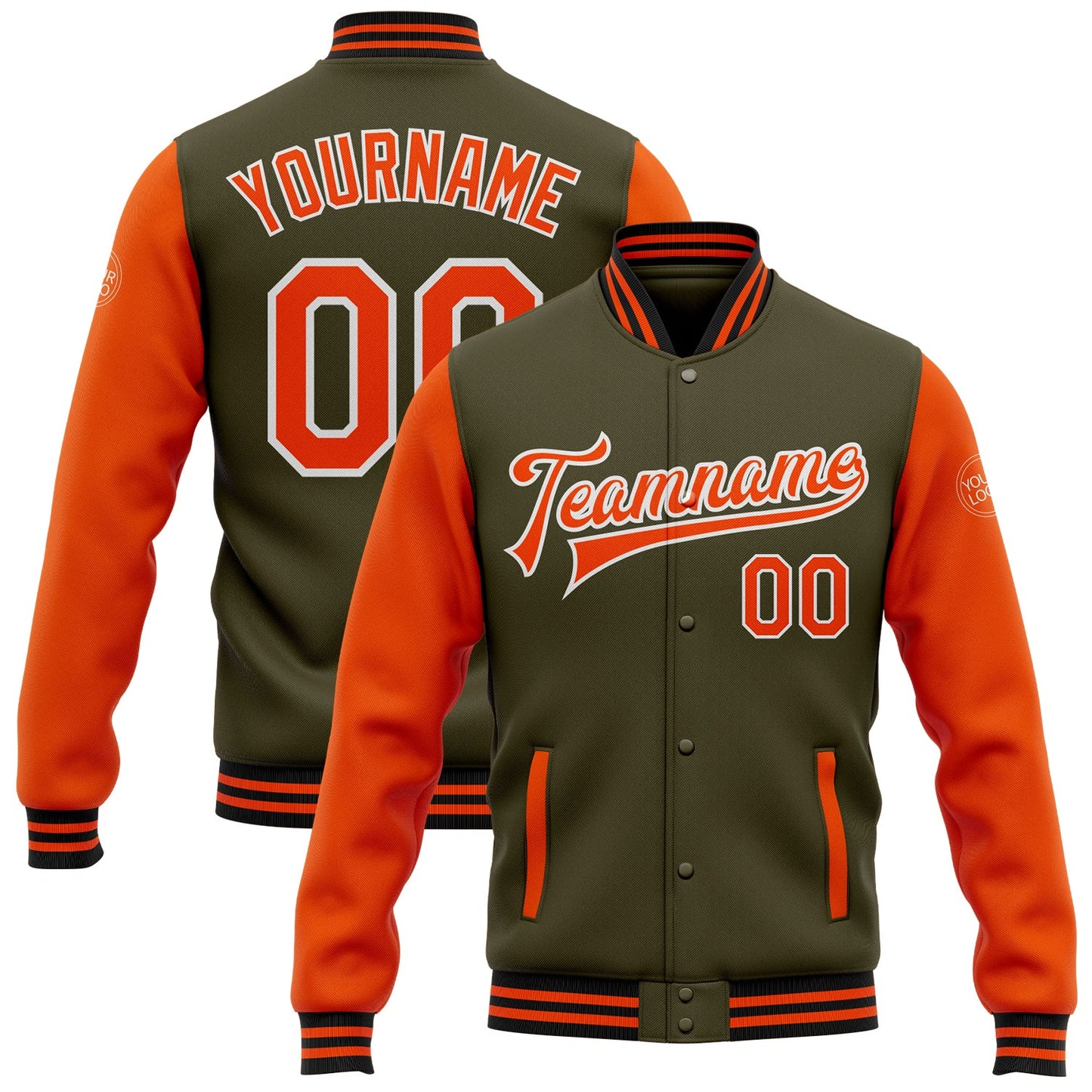 Custom Olive Orange-Black Bomber Full-Snap Varsity Letterman Two Tone Salute To Service Jacket - Main View