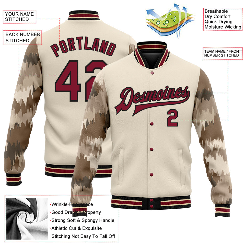 Custom City Cream Crimson-Black Camo Sleeves 3D Pattern Design Bomber Full-Snap Varsity Letterman Jacket view 5