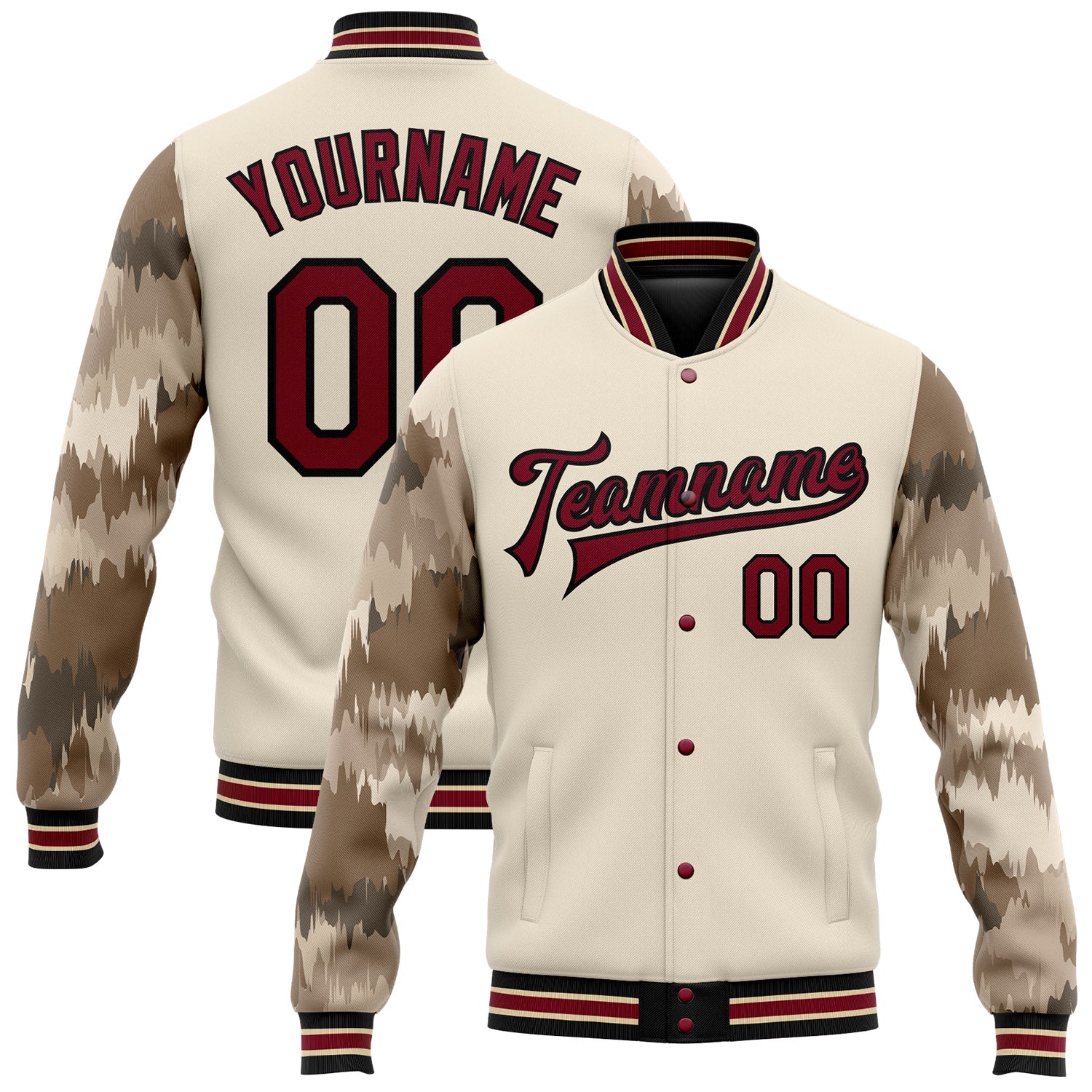 Custom City Cream Crimson-Black Camo Sleeves 3D Pattern Design Bomber Full-Snap Varsity Letterman Jacket - Main View