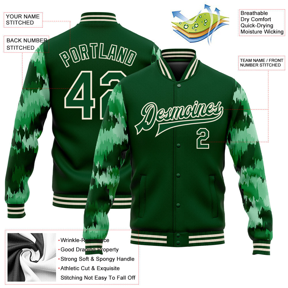 Custom Green Cream Camo Sleeves 3D Pattern Design Bomber Full-Snap Varsity Letterman Jacket view 5