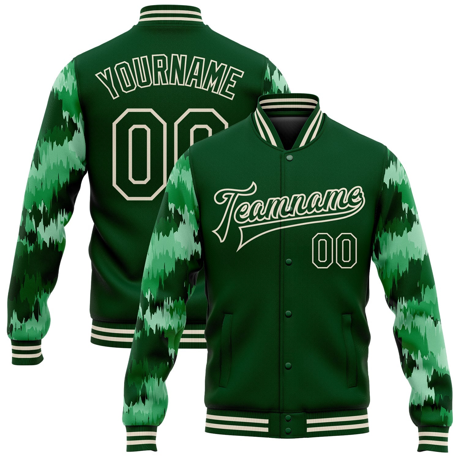 Custom Green Cream Camo Sleeves 3D Pattern Design Bomber Full-Snap Varsity Letterman Jacket - Main View
