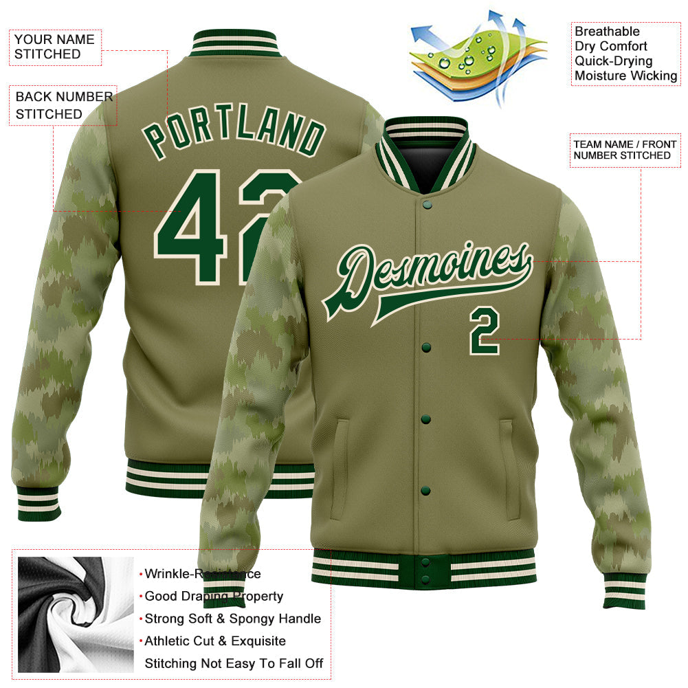 Custom Olive Green-Cream Camo Sleeves 3D Pattern Design Bomber Full-Snap Varsity Letterman Salute To Service Jacket view 5