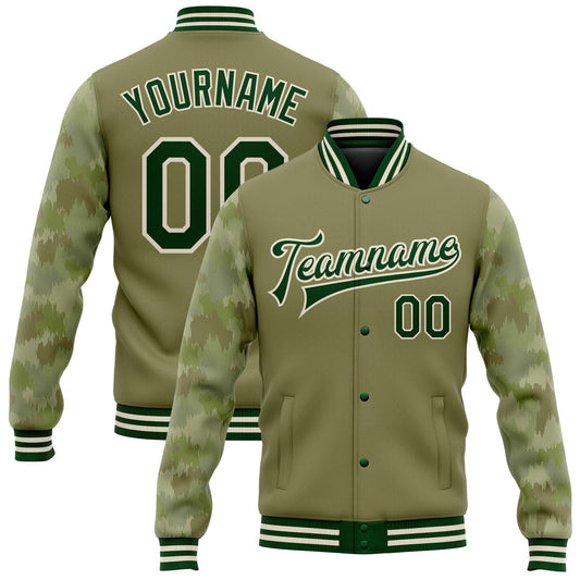 Custom Olive Green-Cream Camo Sleeves 3D Pattern Design Bomber Full-Snap Varsity Letterman Salute To Service Jacket - Main View