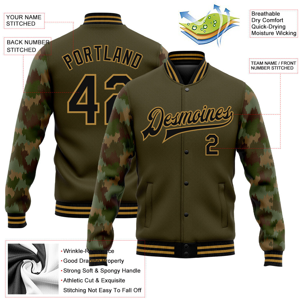 Custom Olive Black-Old Gold Camo Sleeves 3D Pattern Design Bomber Full-Snap Varsity Letterman Salute To Service Jacket view 5