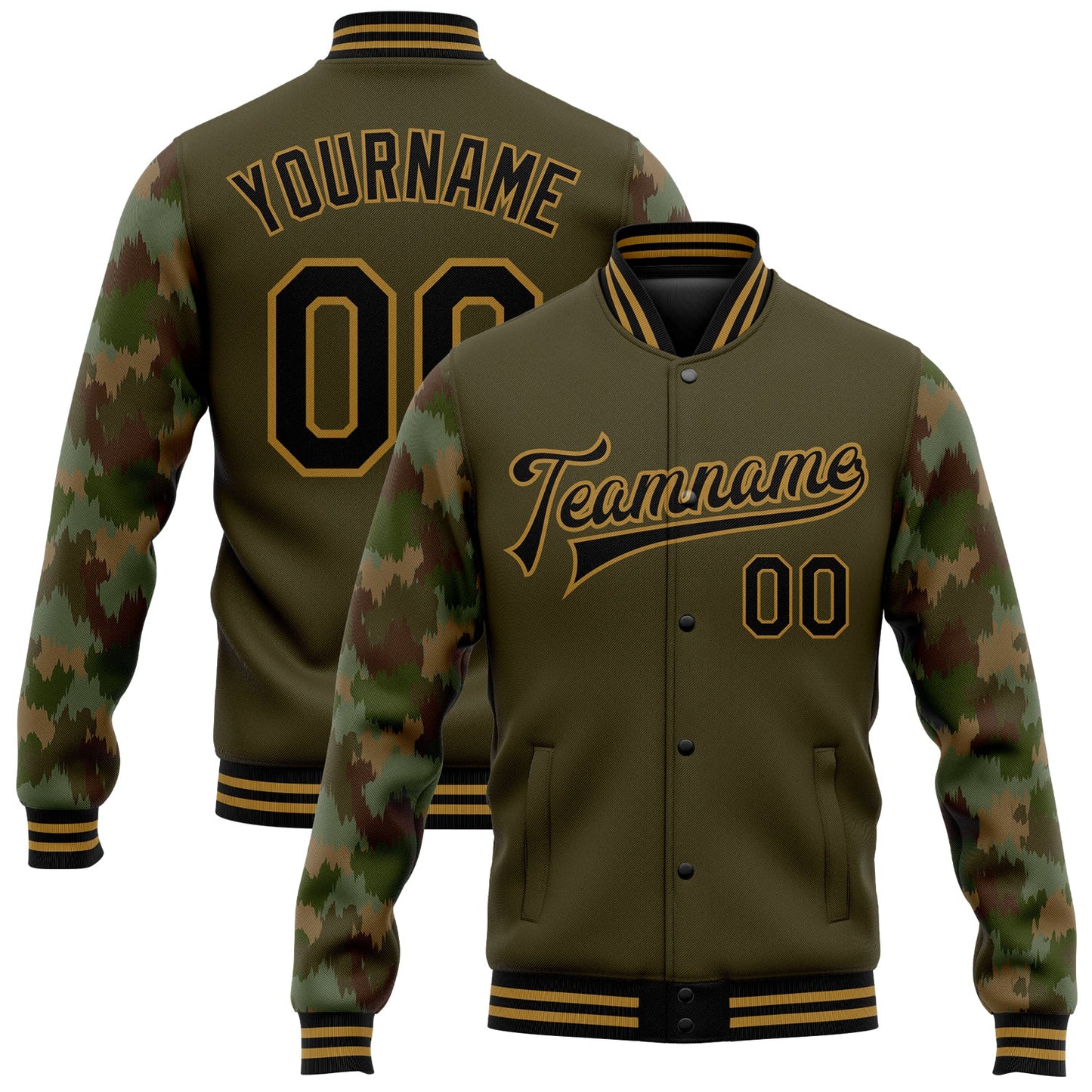 Custom Olive Black-Old Gold Camo Sleeves 3D Pattern Design Bomber Full-Snap Varsity Letterman Salute To Service Jacket - Main View