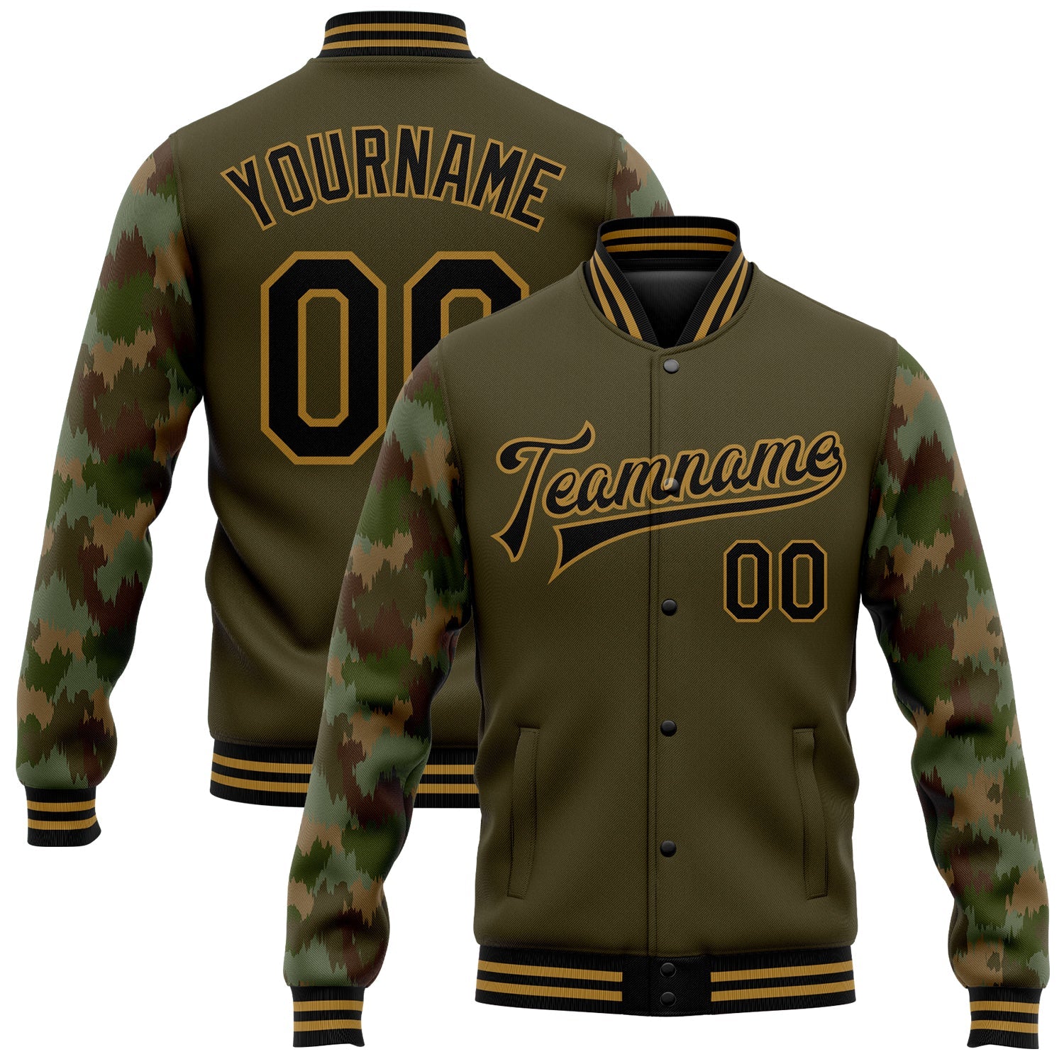Custom Olive Black-Old Gold Camo Sleeves 3D Pattern Design Bomber Full-Snap Varsity Letterman Salute To Service Jacket - Main View