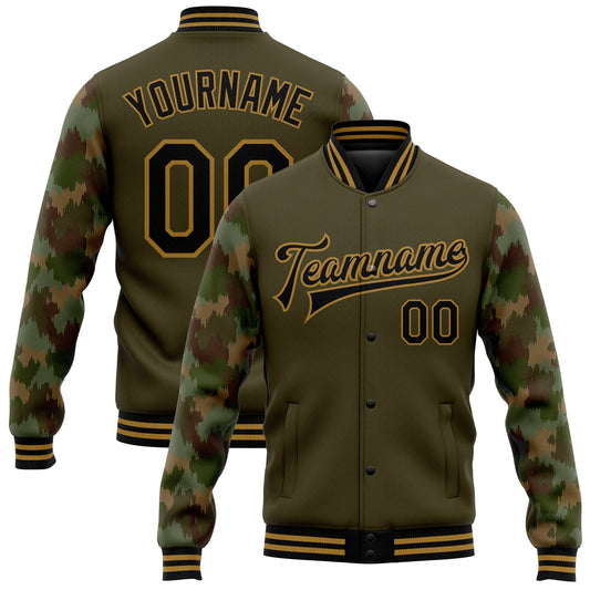 Custom Olive Black-Old Gold Camo Sleeves 3D Pattern Design Bomber Full-Snap Varsity Letterman Salute To Service Jacket - Main View