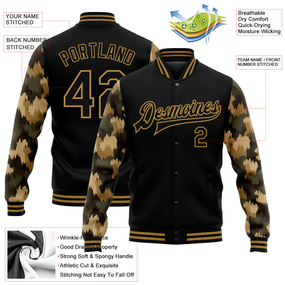 Custom Black Old Gold Camo Sleeves 3D Pattern Design Bomber Full-Snap Varsity Letterman Jacket view 5