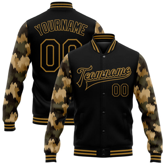 Custom Black Old Gold Camo Sleeves 3D Pattern Design Bomber Full-Snap Varsity Letterman Jacket - Main View