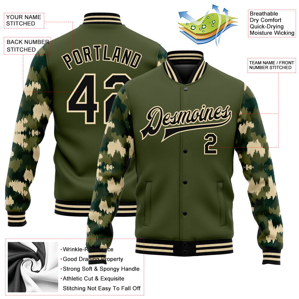 Custom Olive Black-Cream Camo Sleeves 3D Pattern Design Bomber Full-Snap Varsity Letterman Salute To Service Jacket view 5