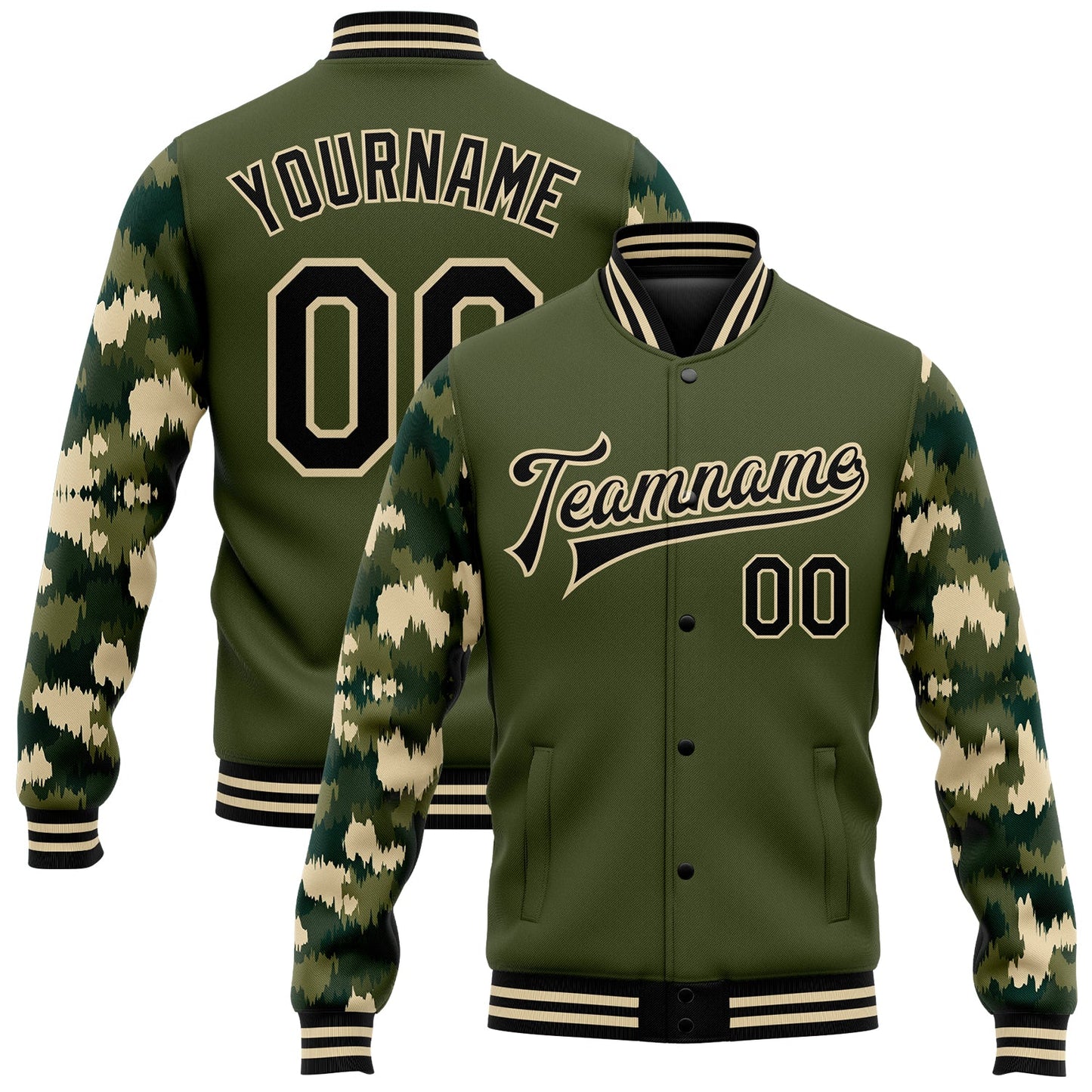 Custom Olive Black-Cream Camo Sleeves 3D Pattern Design Bomber Full-Snap Varsity Letterman Salute To Service Jacket - Main View