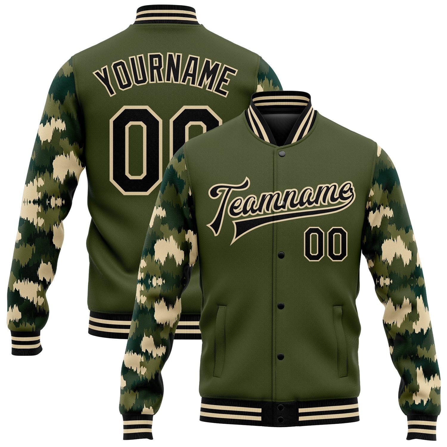 Custom Olive Black-Cream Camo Sleeves 3D Pattern Design Bomber Full-Snap Varsity Letterman Salute To Service Jacket - Main View