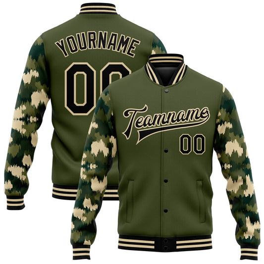 Custom Olive Black-Cream Camo Sleeves 3D Pattern Design Bomber Full-Snap Varsity Letterman Salute To Service Jacket - Main View