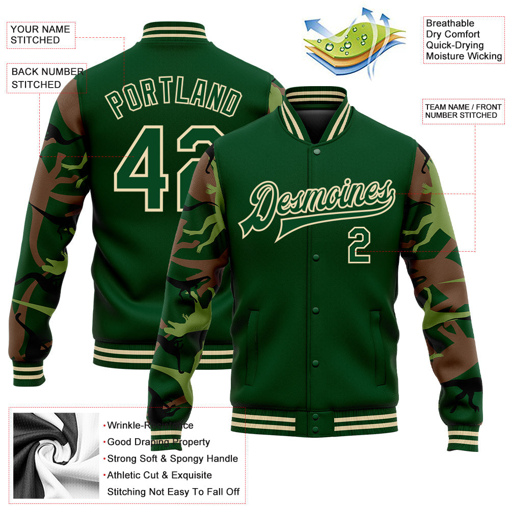 Custom Green Cream Dinosaur Camo Sleeves 3D Pattern Design Bomber Full-Snap Varsity Letterman Jacket view 5