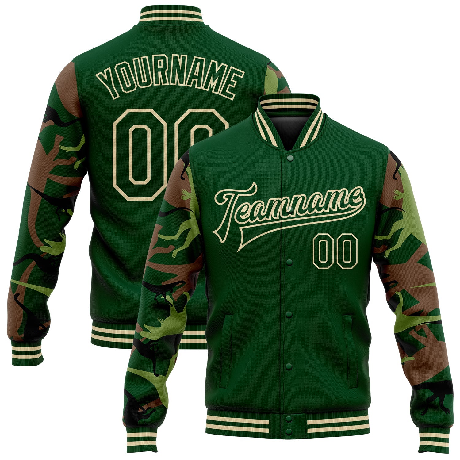 Custom Green Cream Dinosaur Camo Sleeves 3D Pattern Design Bomber Full-Snap Varsity Letterman Jacket - Main View