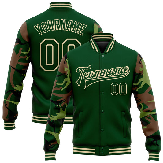 Custom Green Cream Dinosaur Camo Sleeves 3D Pattern Design Bomber Full-Snap Varsity Letterman Jacket - Main View