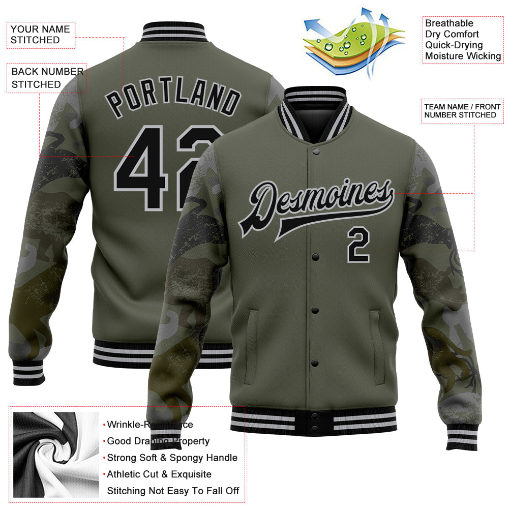 Custom Olive Black-Gray Animal Camo Sleeves 3D Pattern Design Bomber Full-Snap Varsity Letterman Salute To Service Jacket view 5