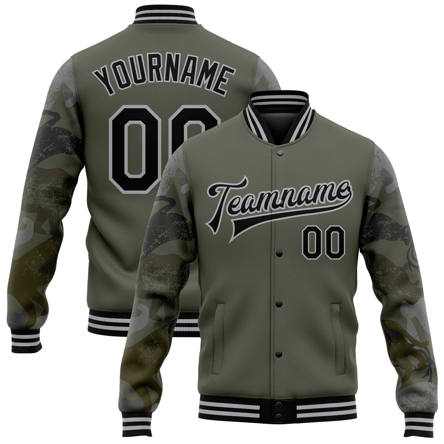 Custom Olive Black-Gray Animal Camo Sleeves 3D Pattern Design Bomber Full-Snap Varsity Letterman Salute To Service Jacket - Main View