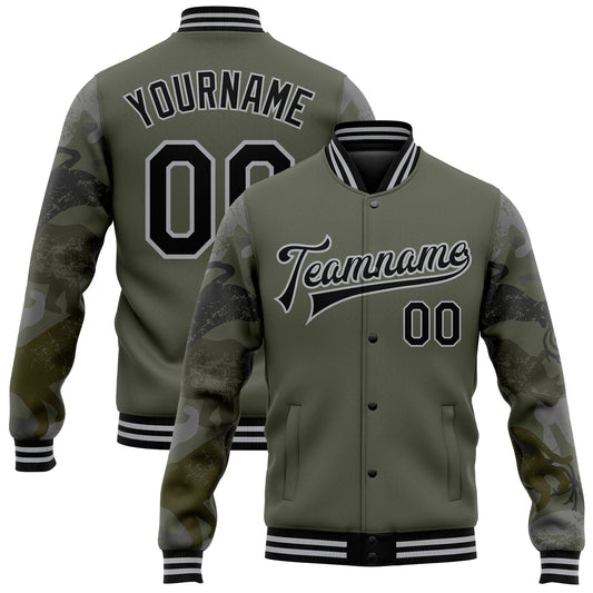 Custom Olive Black-Gray Animal Camo Sleeves 3D Pattern Design Bomber Full-Snap Varsity Letterman Salute To Service Jacket - Main View