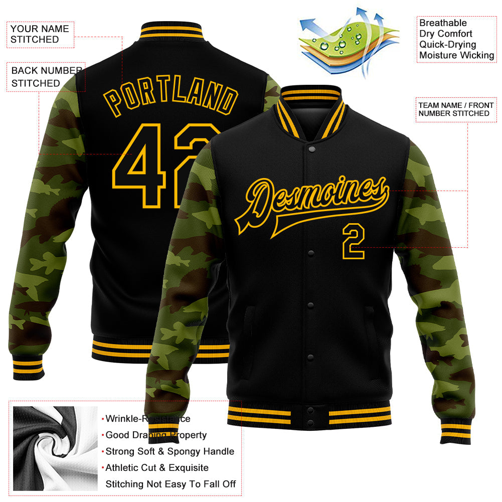 Custom Black Gold Fish Camo Sleeves 3D Pattern Design Bomber Full-Snap Varsity Letterman Jacket view 5