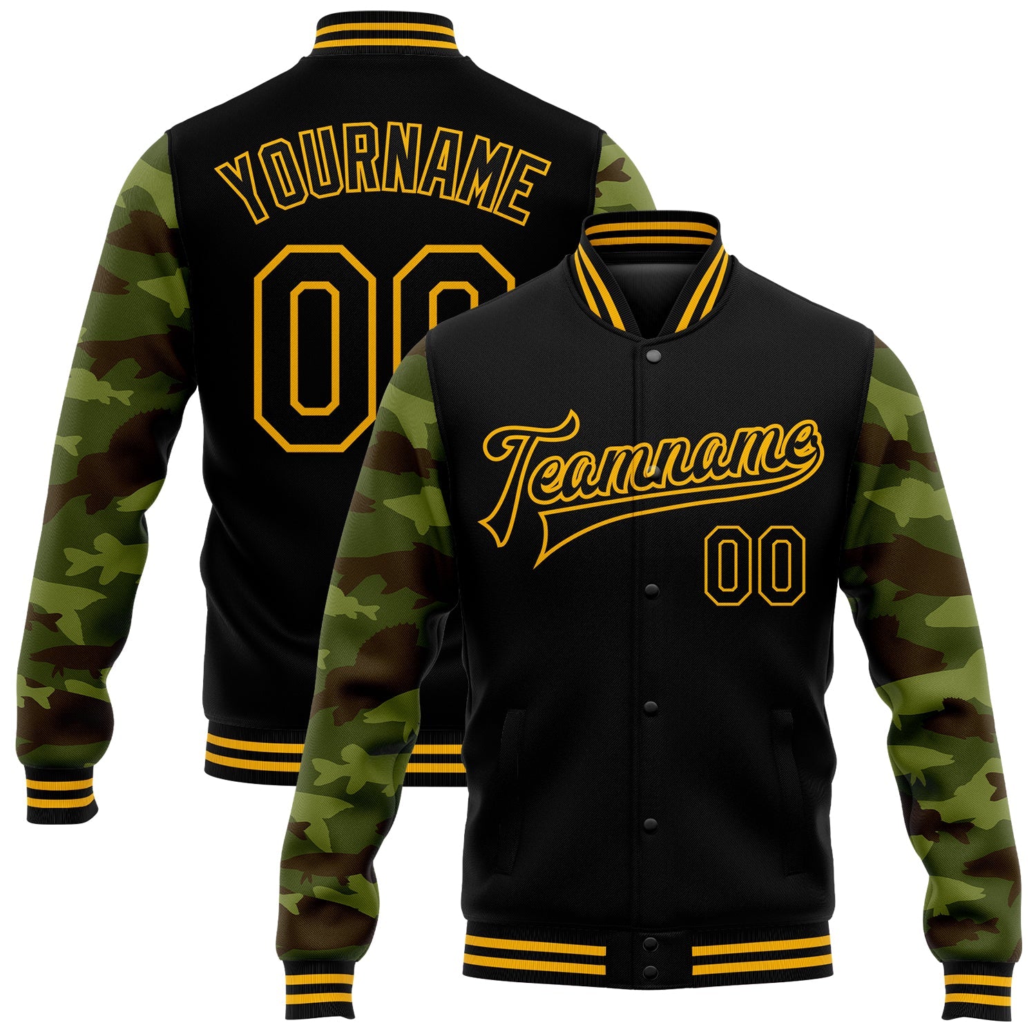 Custom Black Gold Fish Camo Sleeves 3D Pattern Design Bomber Full-Snap Varsity Letterman Jacket - Main View
