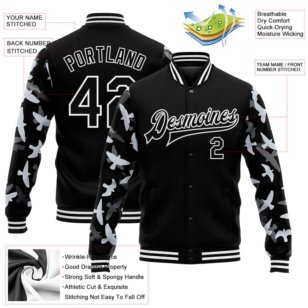 Custom Black White Flying Bird Sleeves 3D Pattern Design Bomber Full-Snap Varsity Letterman Jacket view 5