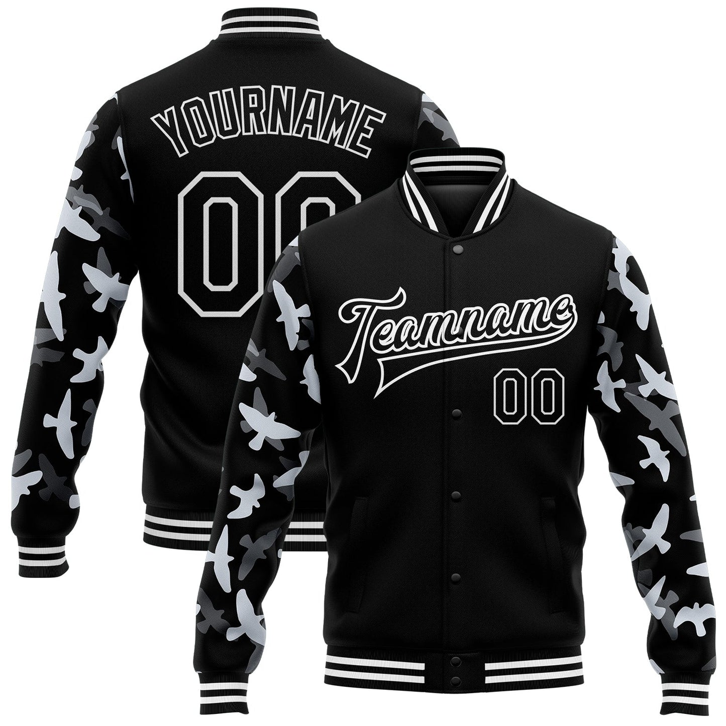 Custom Black White Flying Bird Sleeves 3D Pattern Design Bomber Full-Snap Varsity Letterman Jacket - Main View