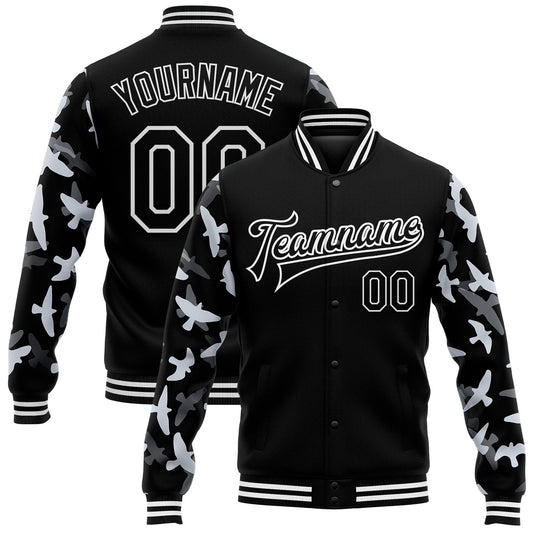 Custom Black White Flying Bird Sleeves 3D Pattern Design Bomber Full-Snap Varsity Letterman Jacket - Main View