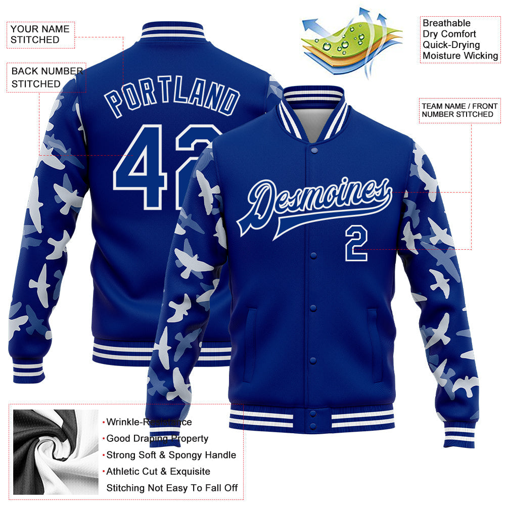Custom Royal White Flying Bird Sleeves 3D Pattern Design Bomber Full-Snap Varsity Letterman Jacket view 5