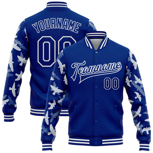 Custom Royal White Flying Bird Sleeves 3D Pattern Design Bomber Full-Snap Varsity Letterman Jacket - Main View