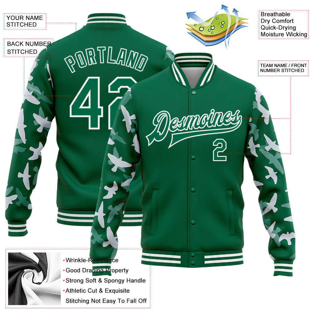 Custom Kelly Green White Flying Bird Sleeves 3D Pattern Design Bomber Full-Snap Varsity Letterman Jacket view 5