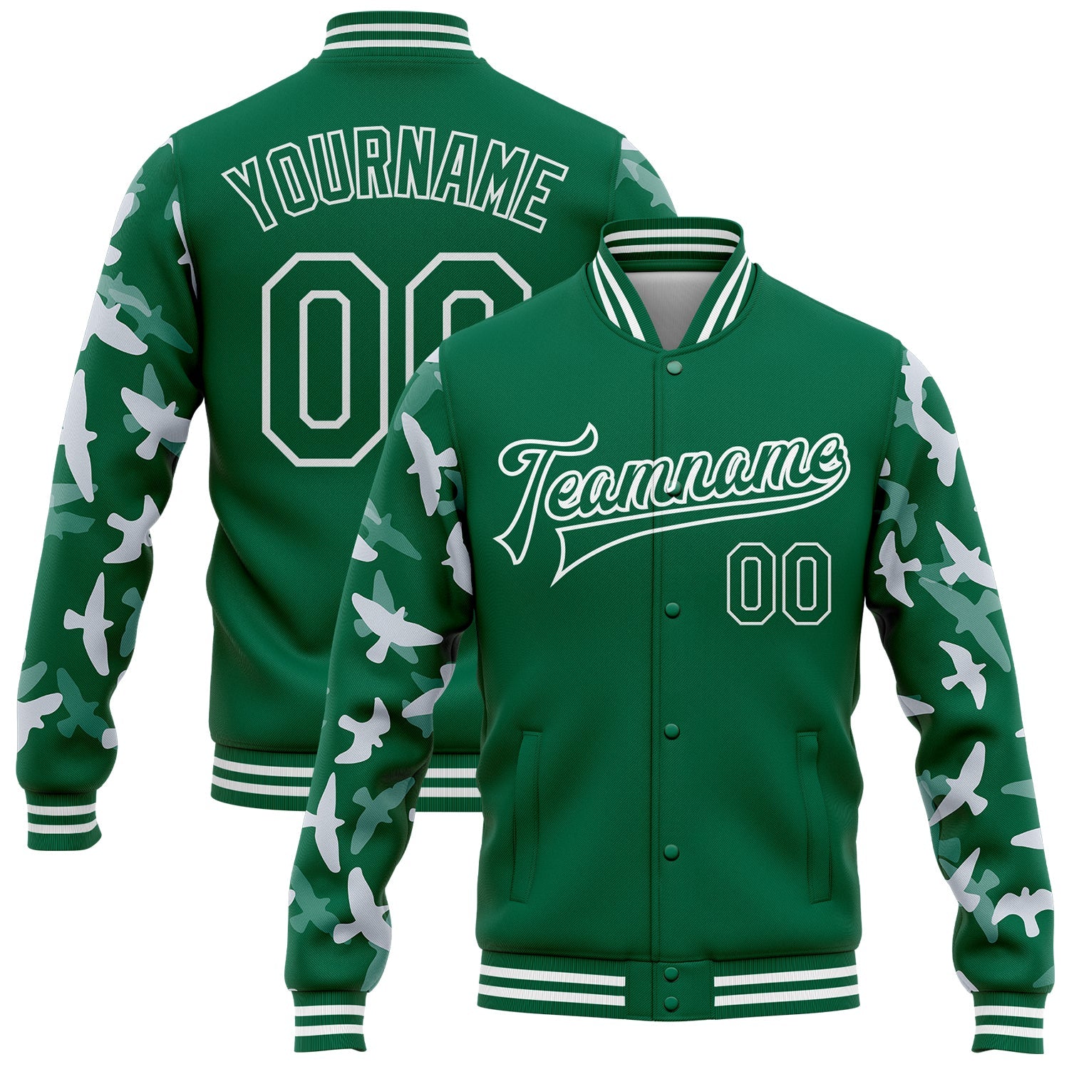 Custom Kelly Green White Flying Bird Sleeves 3D Pattern Design Bomber Full-Snap Varsity Letterman Jacket - Main View
