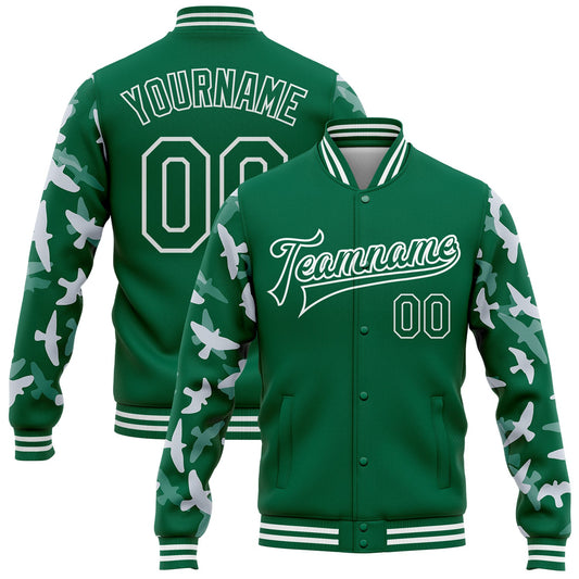 Custom Kelly Green White Flying Bird Sleeves 3D Pattern Design Bomber Full-Snap Varsity Letterman Jacket - Main View