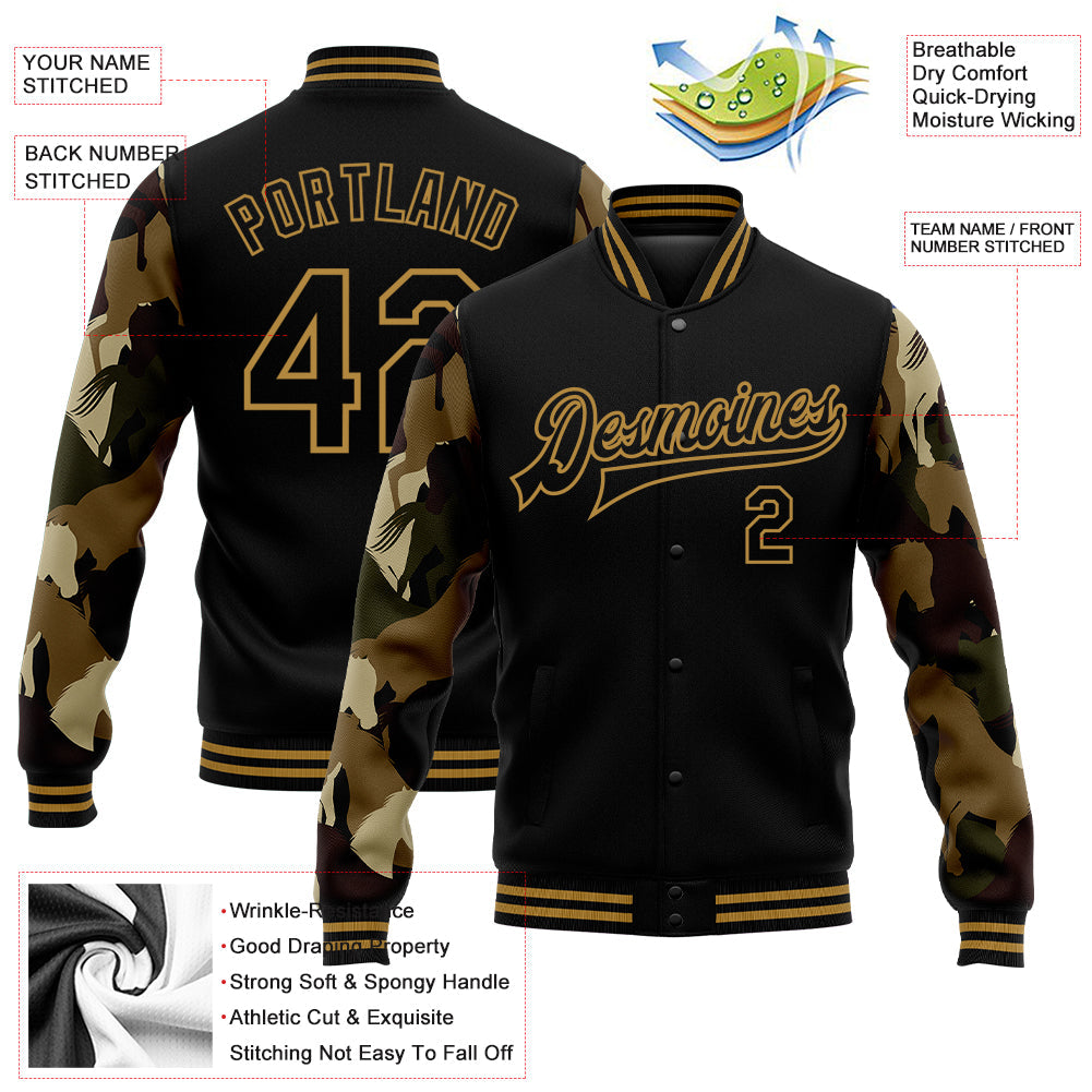 Custom Black Old Gold Horse Camo Sleeves 3D Pattern Design Bomber Full-Snap Varsity Letterman Jacket view 5
