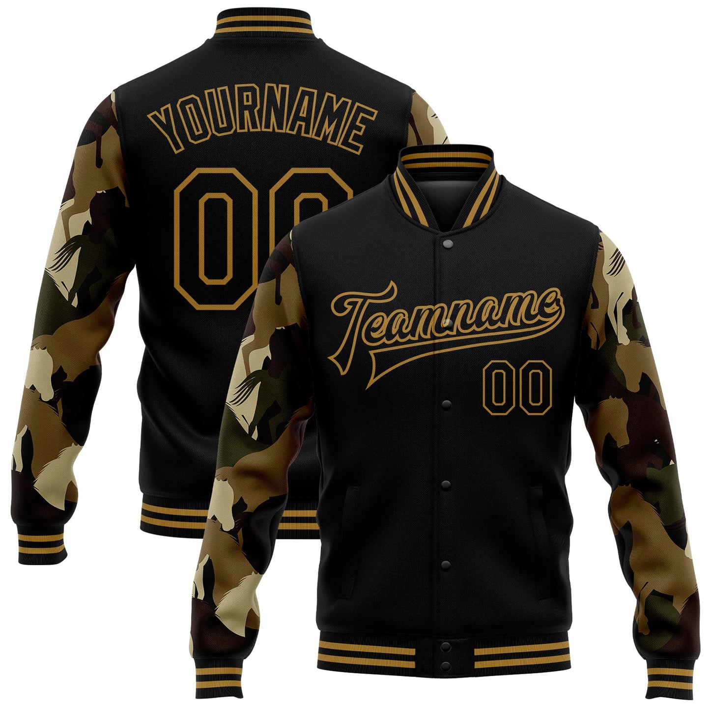 Custom Black Old Gold Horse Camo Sleeves 3D Pattern Design Bomber Full-Snap Varsity Letterman Jacket - Main View