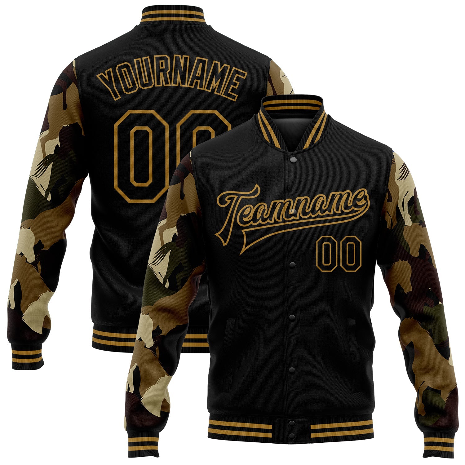 Custom Black Old Gold Horse Camo Sleeves 3D Pattern Design Bomber Full-Snap Varsity Letterman Jacket - Main View
