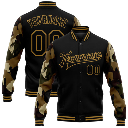 Custom Black Old Gold Horse Camo Sleeves 3D Pattern Design Bomber Full-Snap Varsity Letterman Jacket - Main View