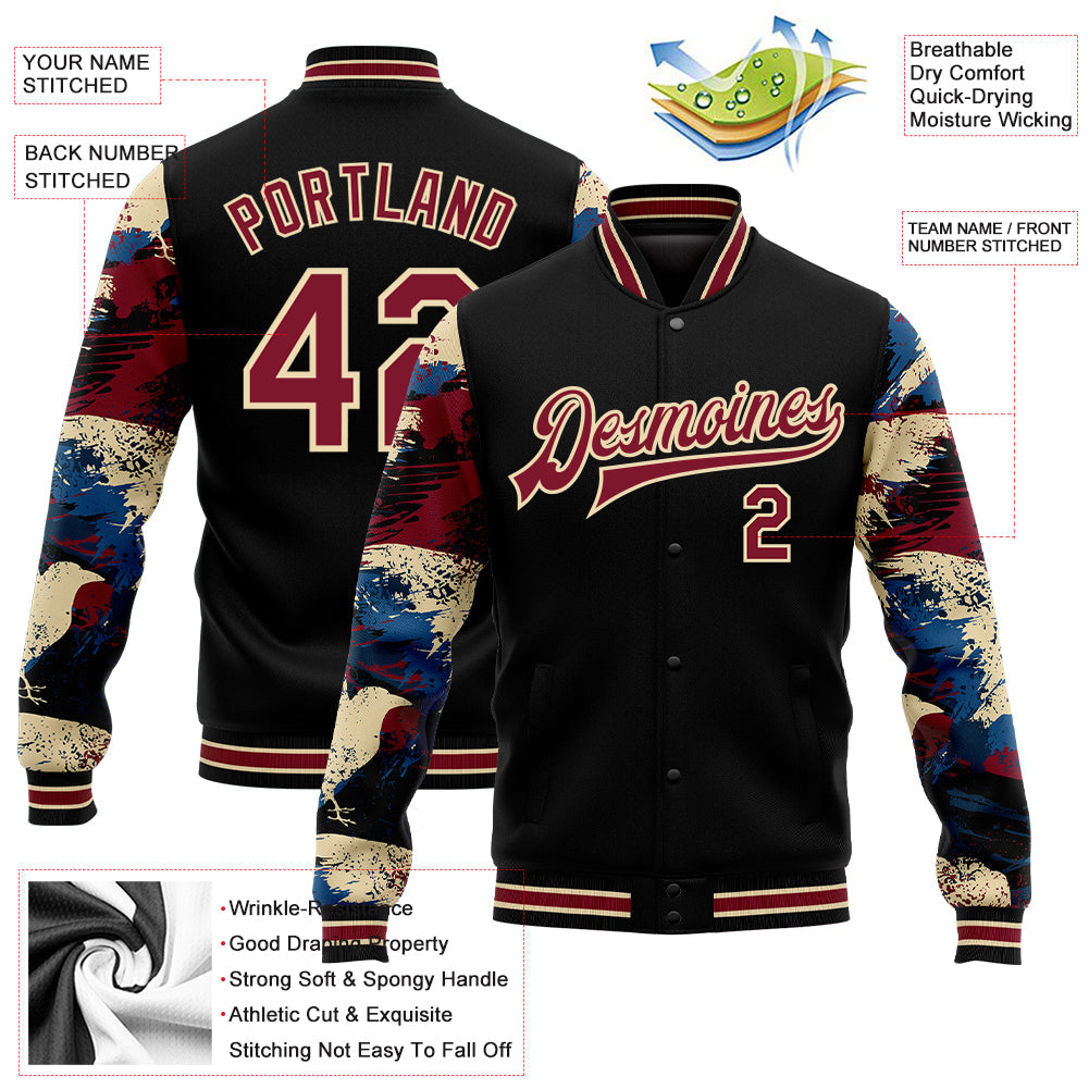Custom Black Crimson-City Cream Crow Sleeves 3D Pattern Design Bomber Full-Snap Varsity Letterman Jacket view 5