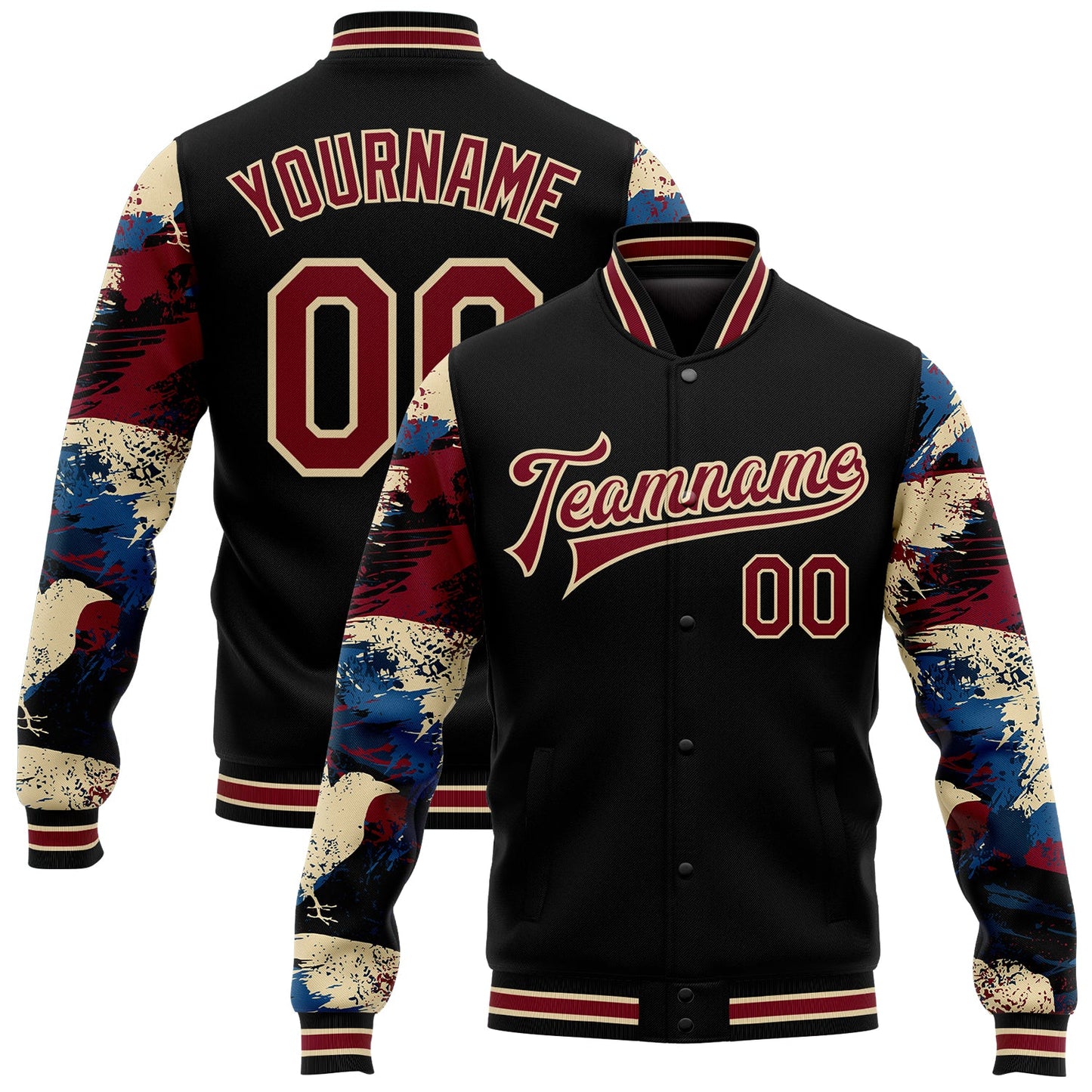 Custom Black Crimson-City Cream Crow Sleeves 3D Pattern Design Bomber Full-Snap Varsity Letterman Jacket - Main View