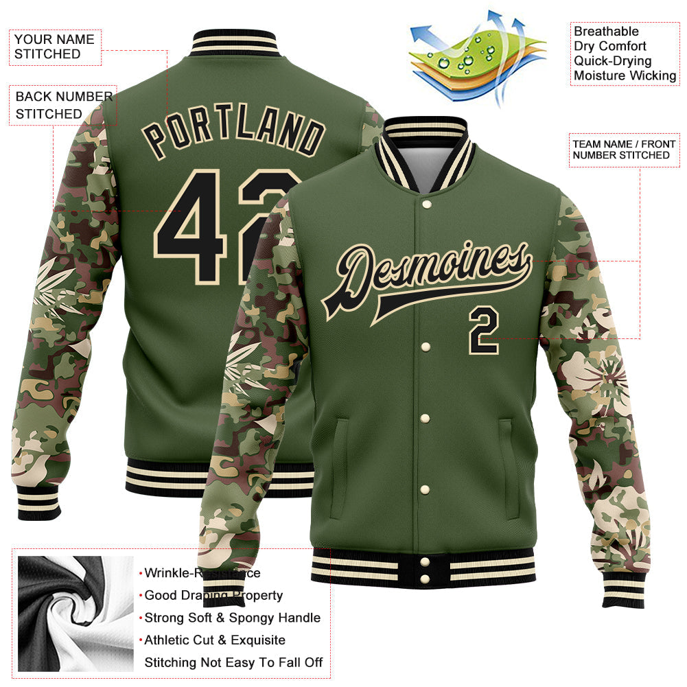 Custom Olive Black-Cream Hawaii Palm Leaves Camo Sleeves 3D Bomber Full-Snap Varsity Letterman Salute To Service Jacket view 5
