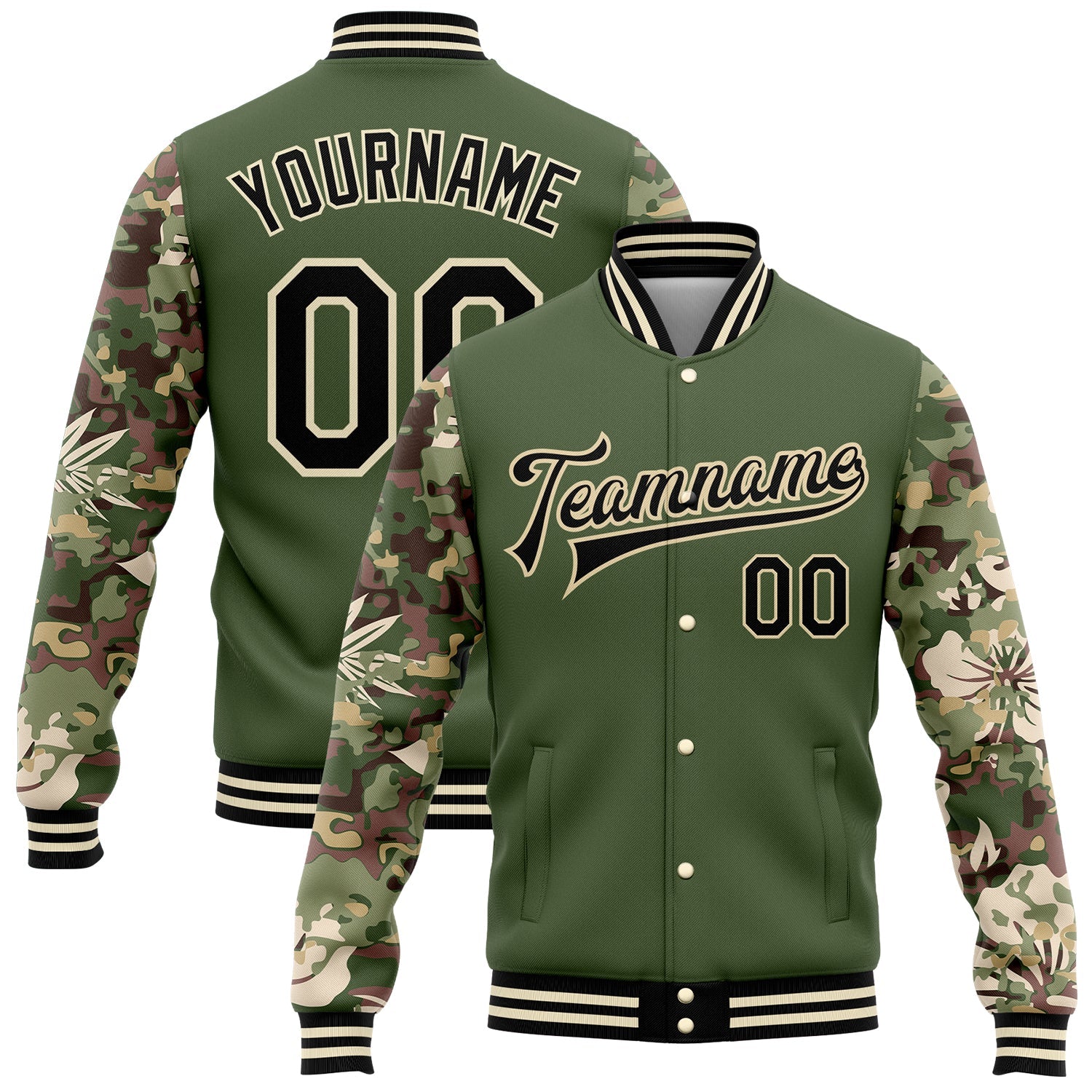 Custom Olive Black-Cream Hawaii Palm Leaves Camo Sleeves 3D Bomber Full-Snap Varsity Letterman Salute To Service Jacket - Main View