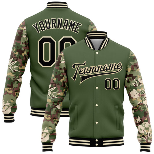 Custom Olive Black-Cream Hawaii Palm Leaves Camo Sleeves 3D Bomber Full-Snap Varsity Letterman Salute To Service Jacket - Main View