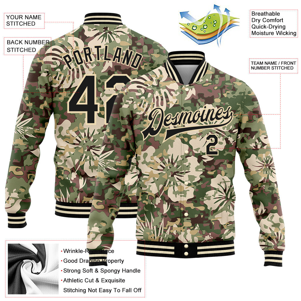 Custom Camo Black-Cream Hawaii Palm Leaves 3D Bomber Full-Snap Varsity Letterman Salute To Service Jacket view 5