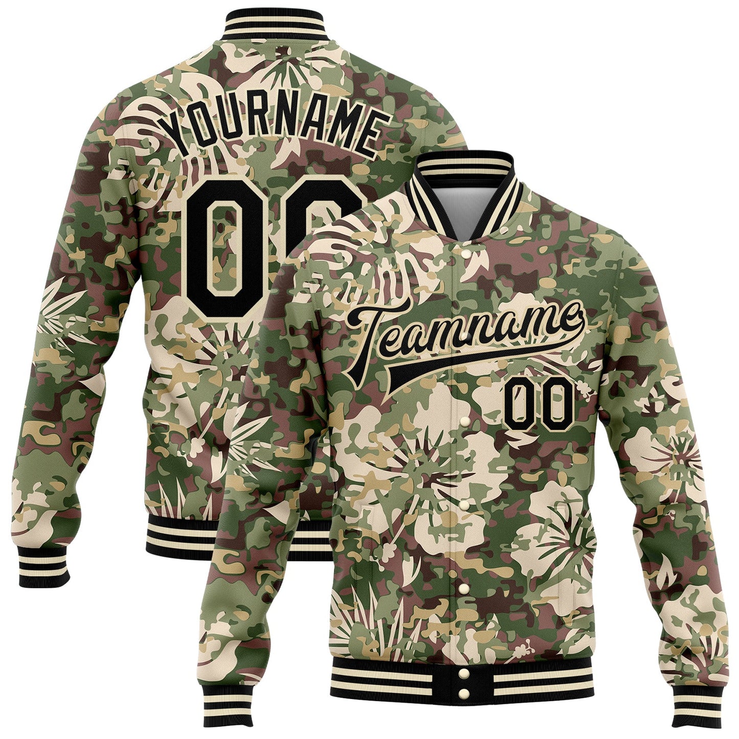 Custom Camo Black-Cream Hawaii Palm Leaves 3D Bomber Full-Snap Varsity Letterman Salute To Service Jacket - Main View